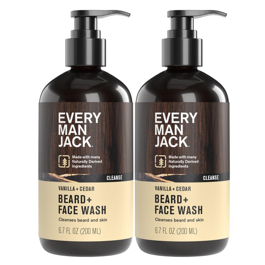 Every Man Jack Beard + Face Wash bottle front with vanilla cedar scent for daily cleansing
