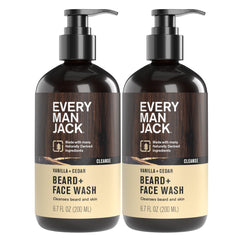 Every Man Jack Beard + Face Wash bottle front with vanilla cedar scent for daily cleansing