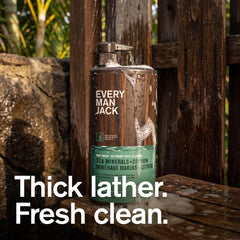 Every Man Jack body wash sea minerals citron label closeup for fresh, uplifting shower experience