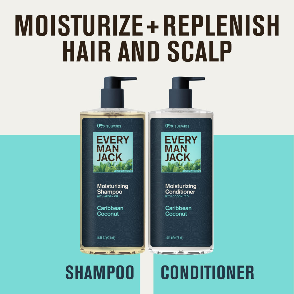Every Man Jack Caribbean Coconut conditioner bottle shows deep moisture for smooth hair.