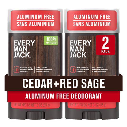 Every Man Jack Cedar + Red Sage deodorant pack showing aluminum-free protection for daily wear