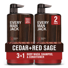 Every Man Jack Cedar Red Sage bottle demonstrates the 3-in-1 wash for all skin and hair types.