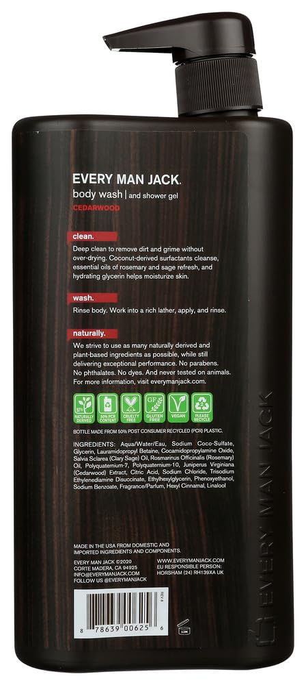 Close-up of Cedarwood label on Every Man Jack bottle highlights dye-free formula