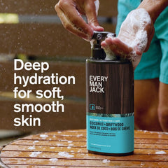 Every Man Jack Coconut + Driftwood bottle texture closeup emphasizes premium packaging