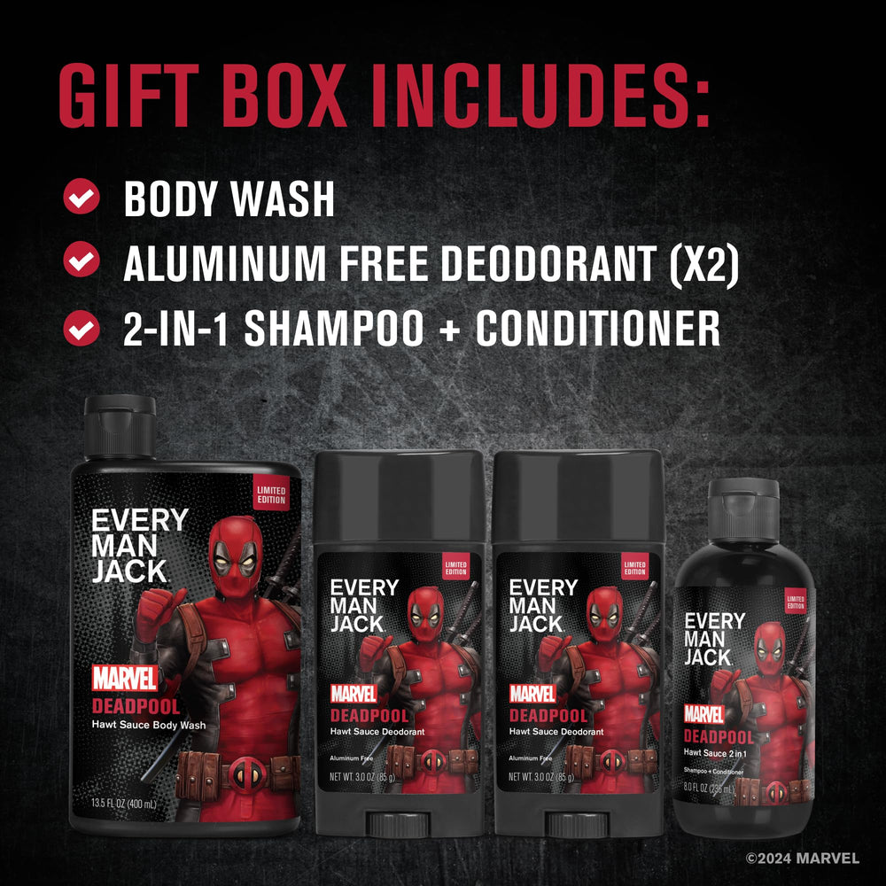 Every Man Jack Deadpool body wash with refreshing cleanse and musk aroma