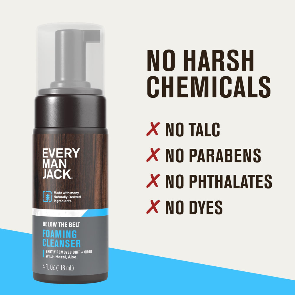 Every Man Jack Foaming Groin Wash features Aloe Vera for hydration and comfort.