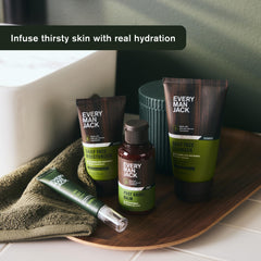 Every Man Jack Daily Face Lotion with Hyaluronic Acid graphic highlights hydration benefits.