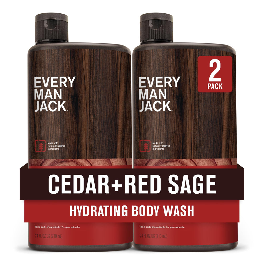 Every Man Jack Nourishing Cedar + Red Sage body wash bottle front for daily cleansing.