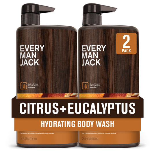 Every Man Jack Nourishing Citrus Eucalyptus body wash bottle for an invigorating morning routine.