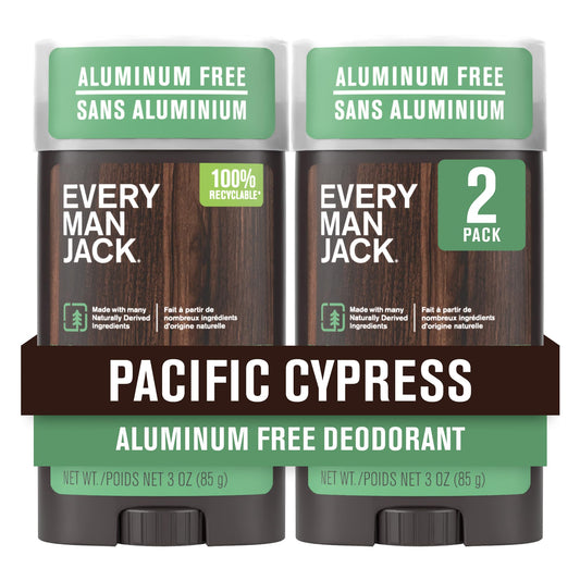 Every Man Jack Pacific Cypress deodorant outer box promotes daily freshness for all skin types
