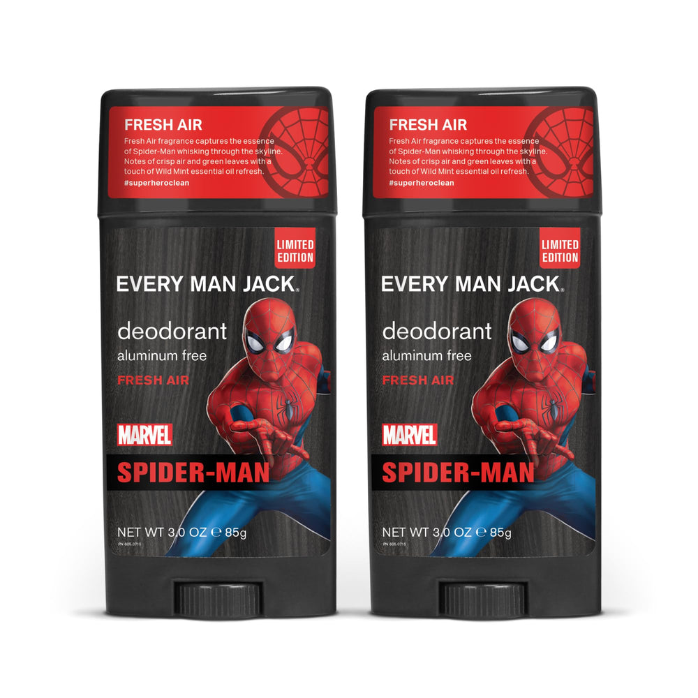 Every Man Jack Spider-Man Deodorant Twin Pack box; long-lasting freshness for daily wear