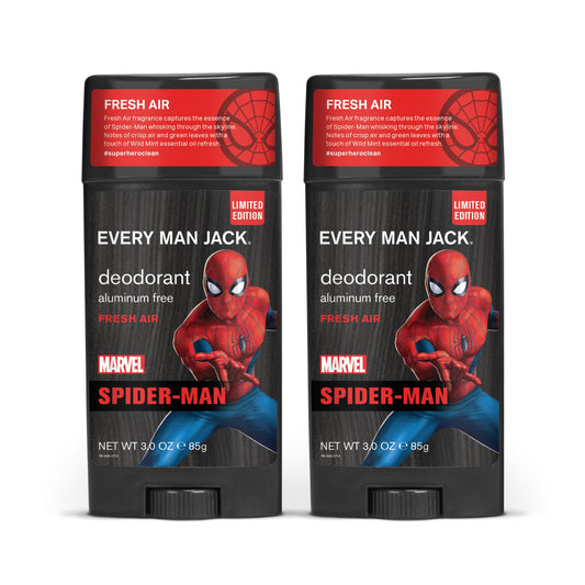 Every Man Jack Spider-Man Deodorant Twin Pack box; long-lasting freshness for daily wear