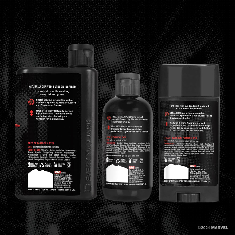 Every Man Jack Spider-Man product label emphasizing clean ingredients