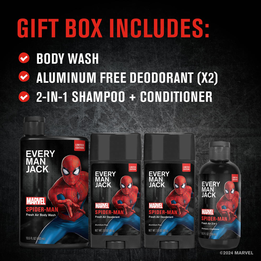 Every Man Jack Spider-Man shampoo bottle featuring citrus notes and gentle coconut-derived surfactants