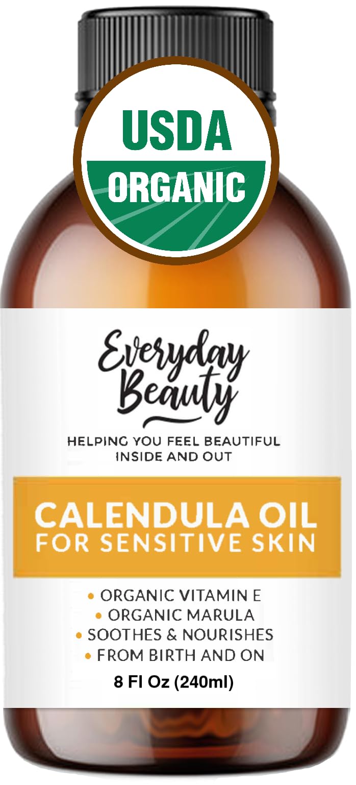Everyday Beauty Organic Calendula Oil 8oz bottle provides lightweight moisture for sensitive skin.