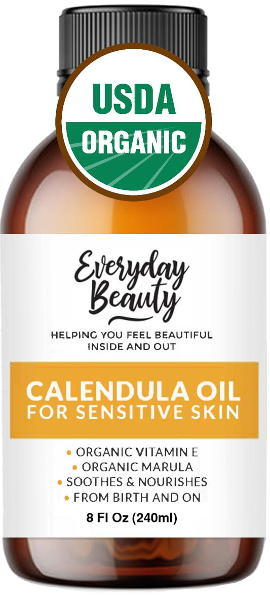Everyday Beauty Organic Calendula Oil 8oz bottle provides lightweight moisture for sensitive skin.