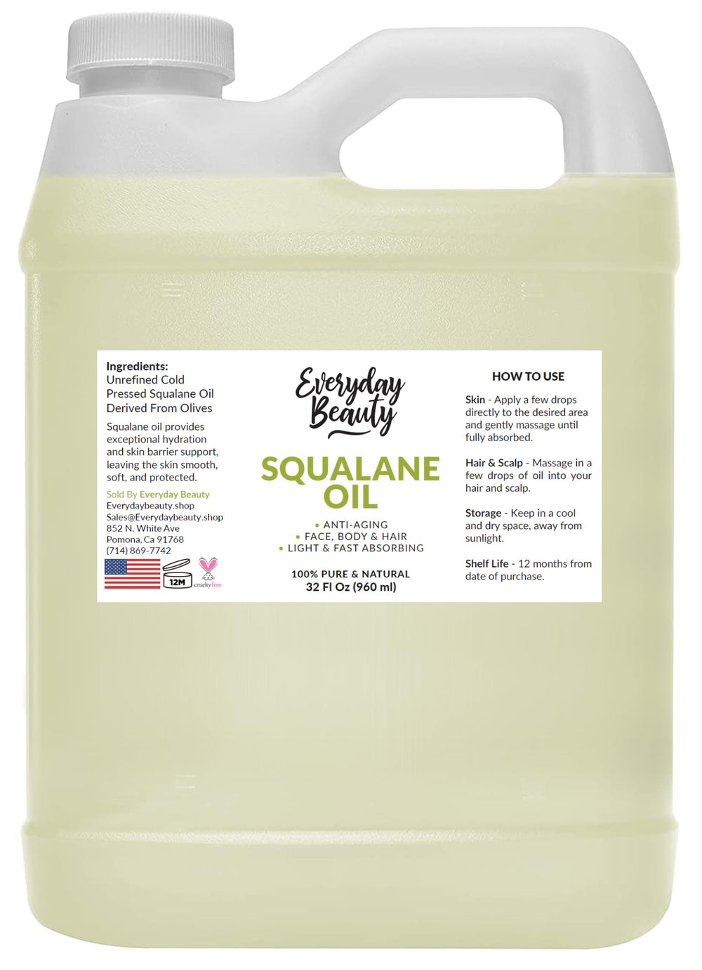 Everyday Beauty Squalane Oil Bulk bottle pour shows lightweight hydration for all skin types