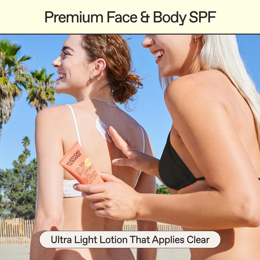 Absorption close-up of Everyday Humans Oh My Bod sunscreen highlighting non-greasy finish.