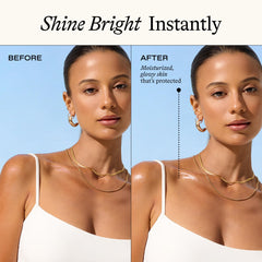 Everyday Humans Sun Glazed close-up shows gold mica shimmer on skin.