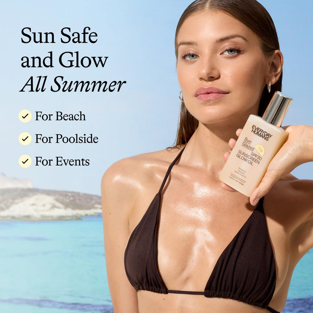 Everyday Humans Sun Glazed satin glow oil highlights radiant skin.