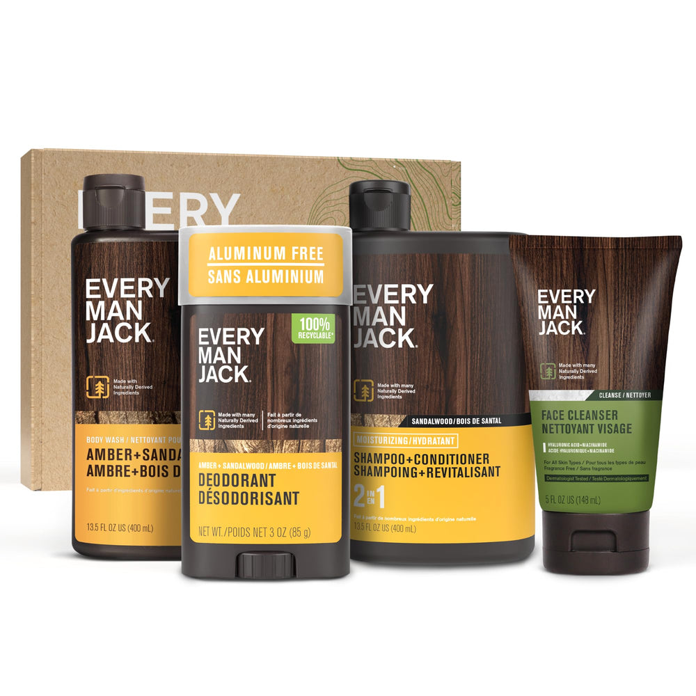 Every Man Jack Amber + Sandalwood body wash bottle for a hydrating daily cleanse.
