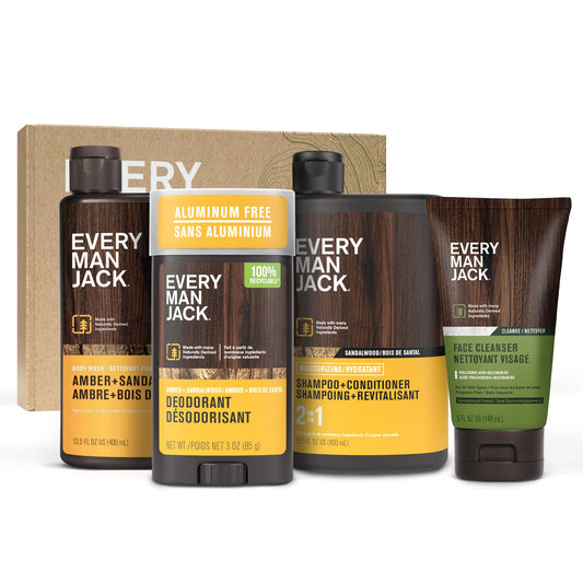 Every Man Jack Amber + Sandalwood body wash bottle for a hydrating daily cleanse.