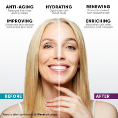 Close-up shows hyaluronic acid and avocado oil ingredients for hydration boost.