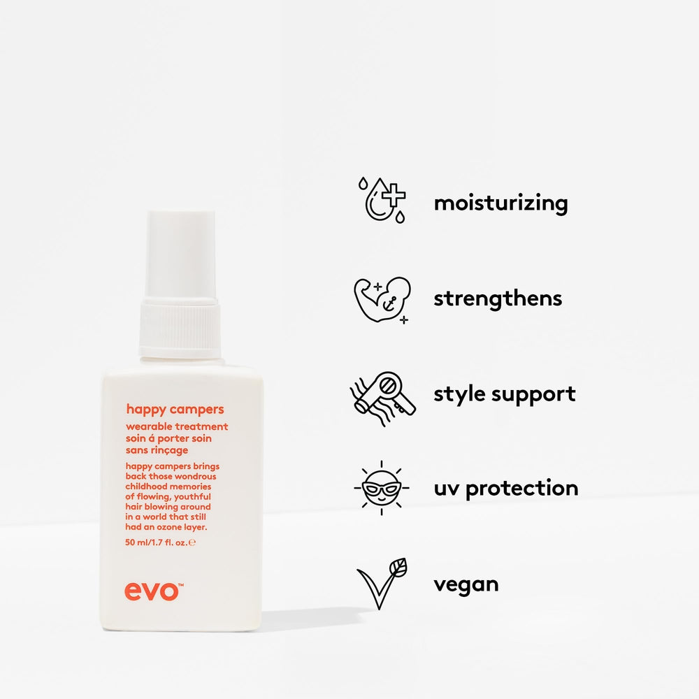 Close-up of EVO Happy Campers travel-size bottle for on-the-go styling