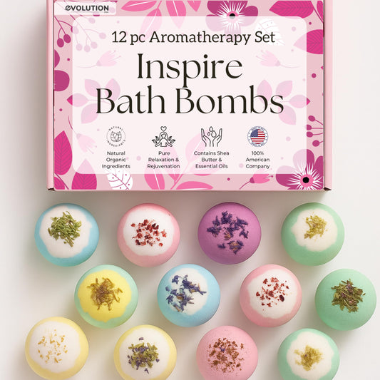 EvolutionUSA Inspire bath bombs with 12 flower-topped design for a soothing soak.