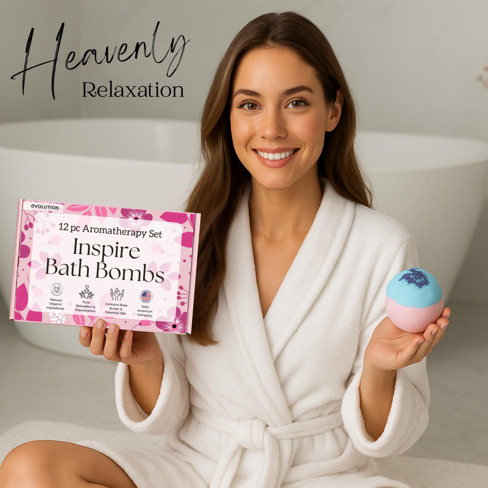 EvolutionUSA Inspire bath bombs with dried flower toppers add a decorative touch.