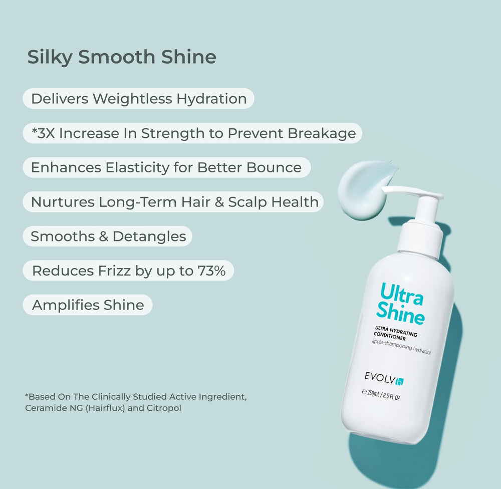 EVOLVh UltraShine being applied to mid-length hair to reduce frizz and add gloss.