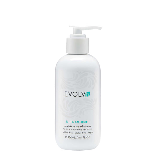 EVOLVh UltraShine Moisture Conditioner bottle close-up showing radiant shine benefit.