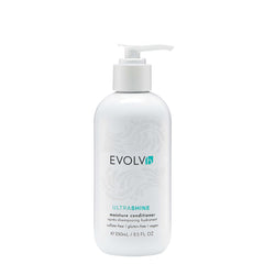 EVOLVh UltraShine Moisture Conditioner bottle close-up showing radiant shine benefit.