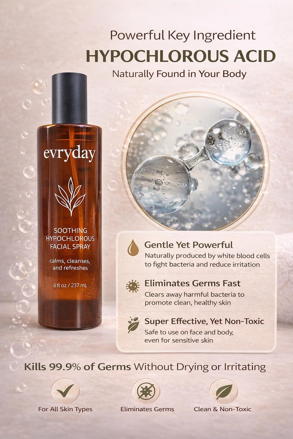 evryday Hypochlorous Spray bottle closeup showing 8oz size