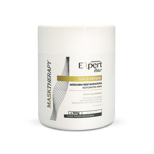 Expert Hair Gold restorative mask jar closeup; rich formula for damaged hair repair.