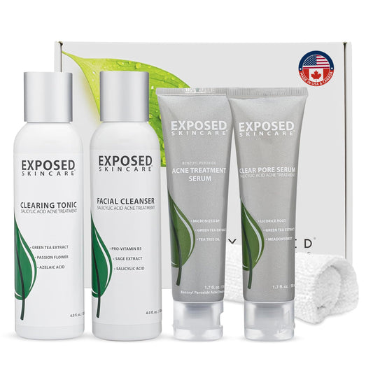 Exposed Skin Care basic acne kit packaging highlights cruelty-free, clean skincare.