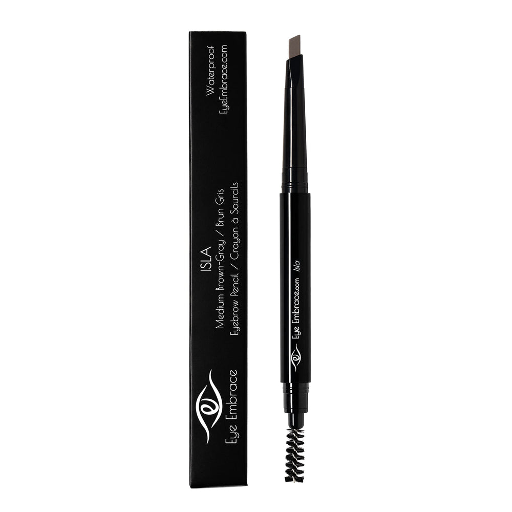 Eye Embrace Isla medium brown-gray shade complements gray hair.