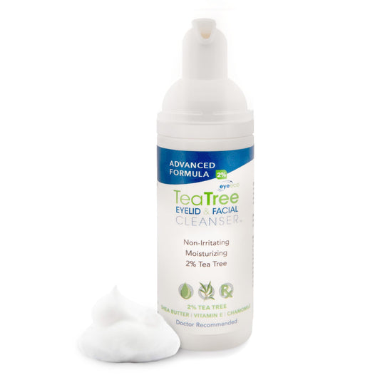 EyeEco advanced tea tree eyelid cleanser bottle shows gentle cleansing for delicate eye areas.
