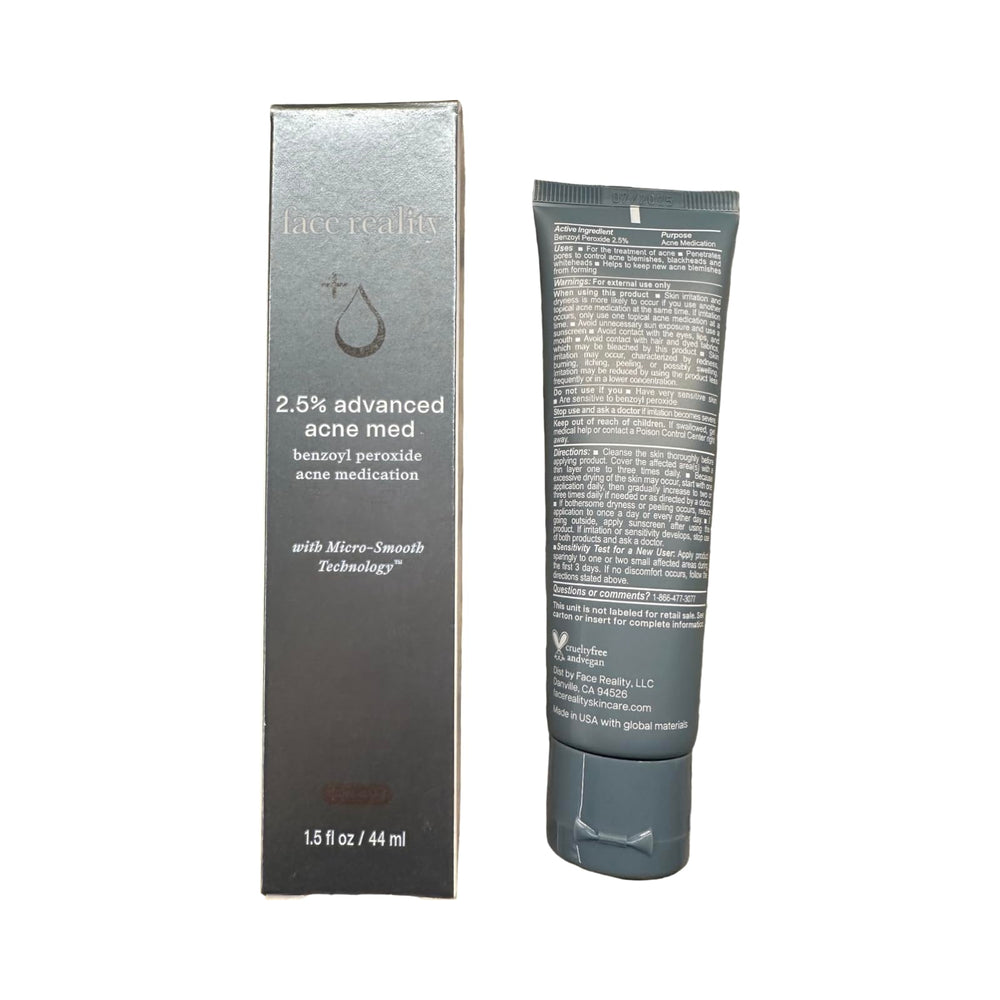 Face Reality 2.5% Acne Med application showing spot treatment for clearer skin.
