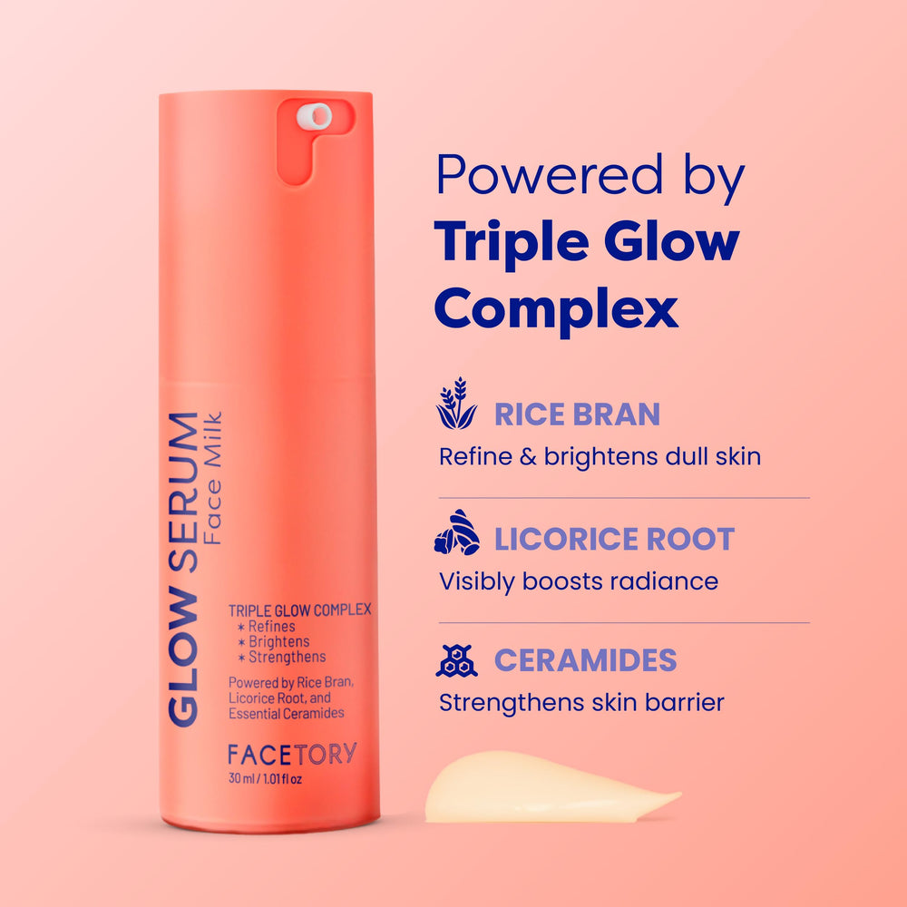 FaceTory Glow Serum Face Milk pump shot emphasizes easy application