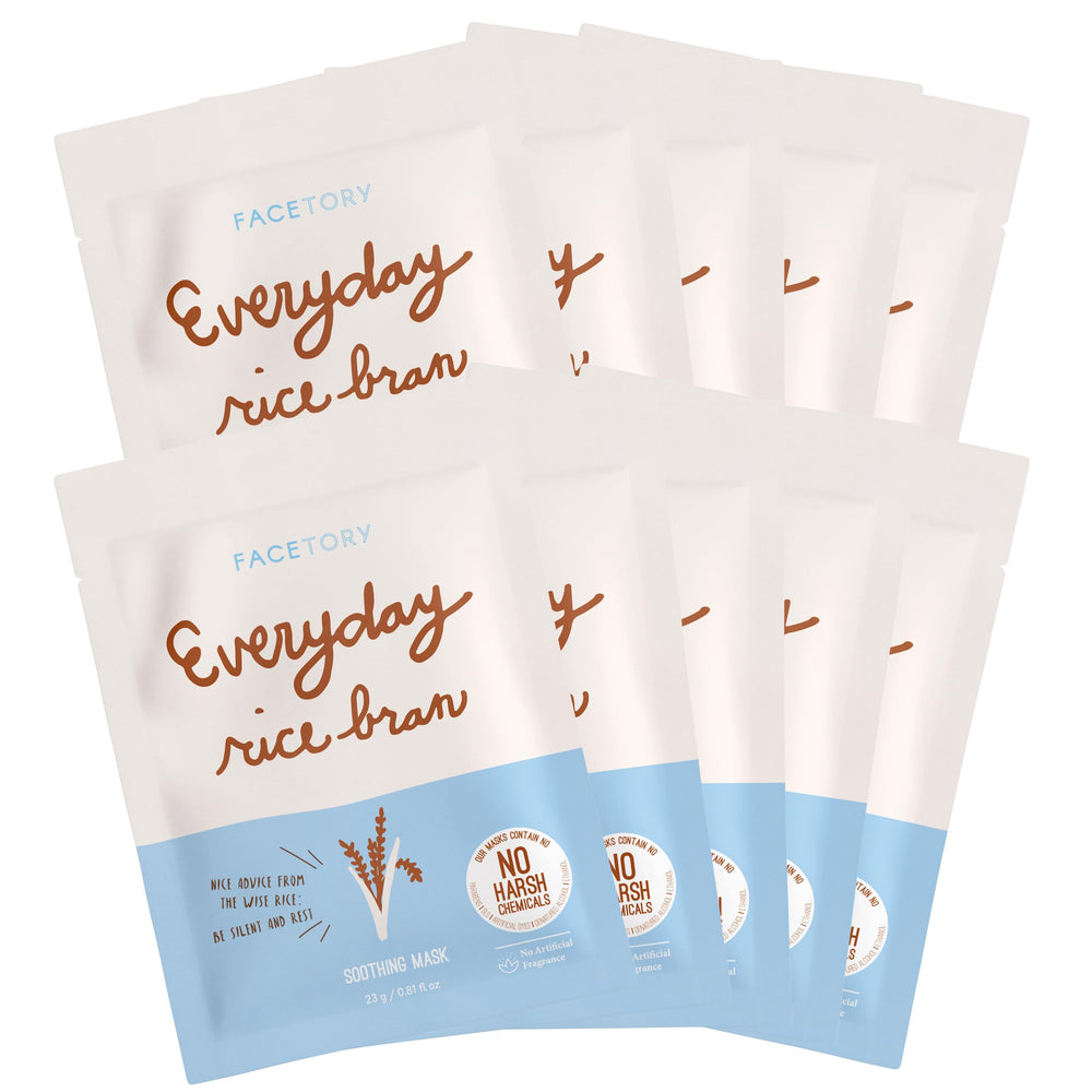 FACETORY rice-bran sheet mask pack showing hydration and even skin tone benefits