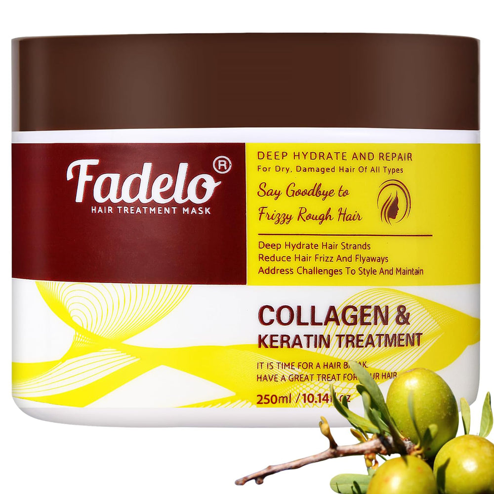 Fadelo Collagen+Keratin Hair Mask bottle highlighting deep conditioning formula