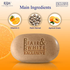 FAIR & WHITE exclusive exfoliating soap label closeup highlighting vitamin C and shea butter