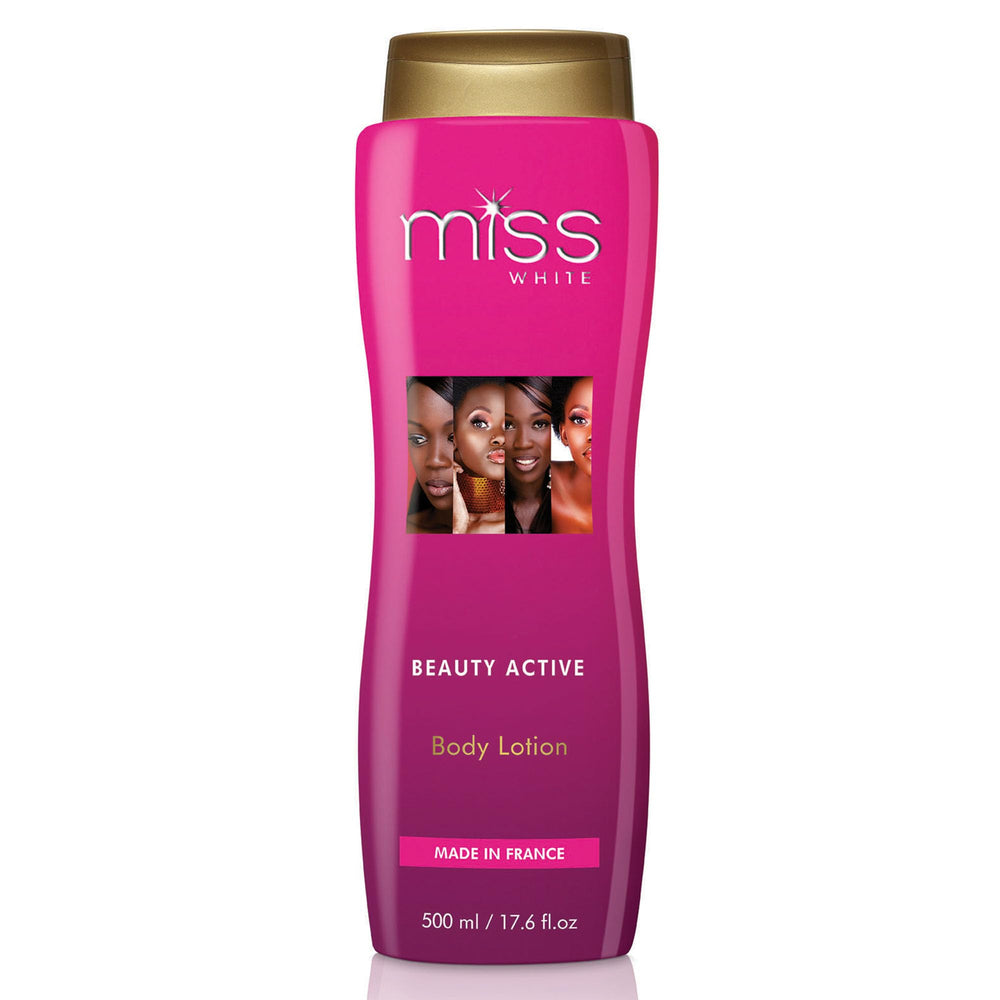 Miss White bottle close-up showing moisturizing lotion for smooth skin.