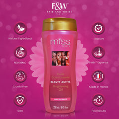 Miss White Brightening Oil ingredients feature Sweet Almond Oil and Lumiskin.