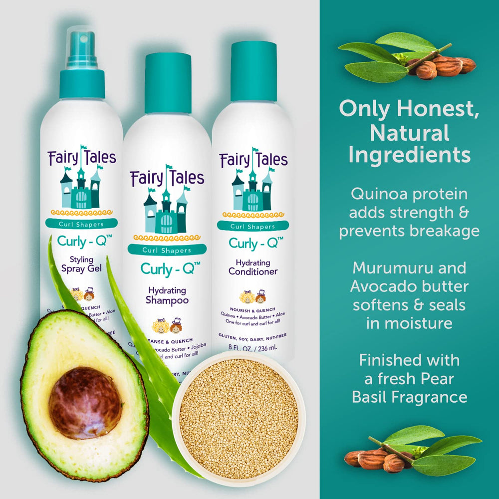 Close-up of Fairy Tales Curly Q conditioner ingredients with rice amino acids.