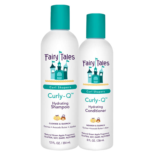 Fairy Tales Curly Q shampoo bottle demonstrates kid-friendly hydration for curls.