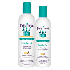 Fairy Tales Curly Q shampoo bottle demonstrates kid-friendly hydration for curls.