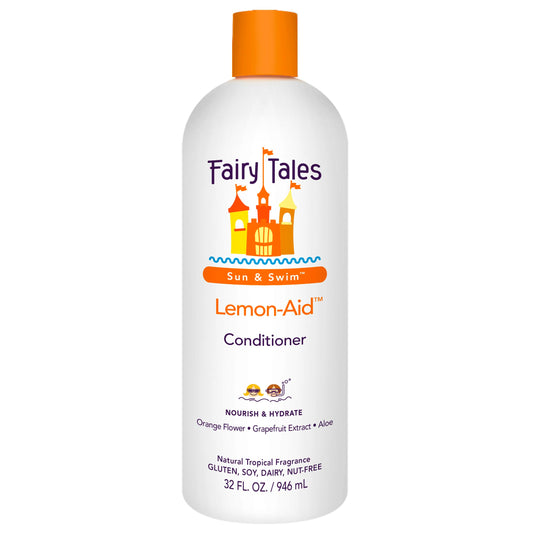 Fairy Tales Swimmer Conditioner bottle close-up for hydrated kid hair.
