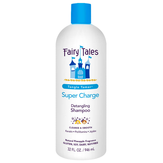 Fairy Tales Tangle Tamer bottle front demonstrates kid-friendly detangler for easy brushing.